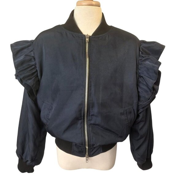 Mable Jackets & Blazers - MABLE Ruffle Shoulder Bomber Jacket Womens Sz L Navy Silver Full Zip Cropped